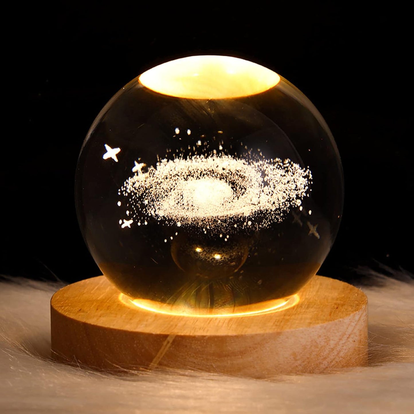 Saturn Crystal Ball, 3.1 Inch(8Cm) LED Solar System Crystal Glass Sphere Lamp with Wooden Base, Decorative Glass Ball Saturn Planet Model Decor Space Universe Gifts for Men, Friends and Girls