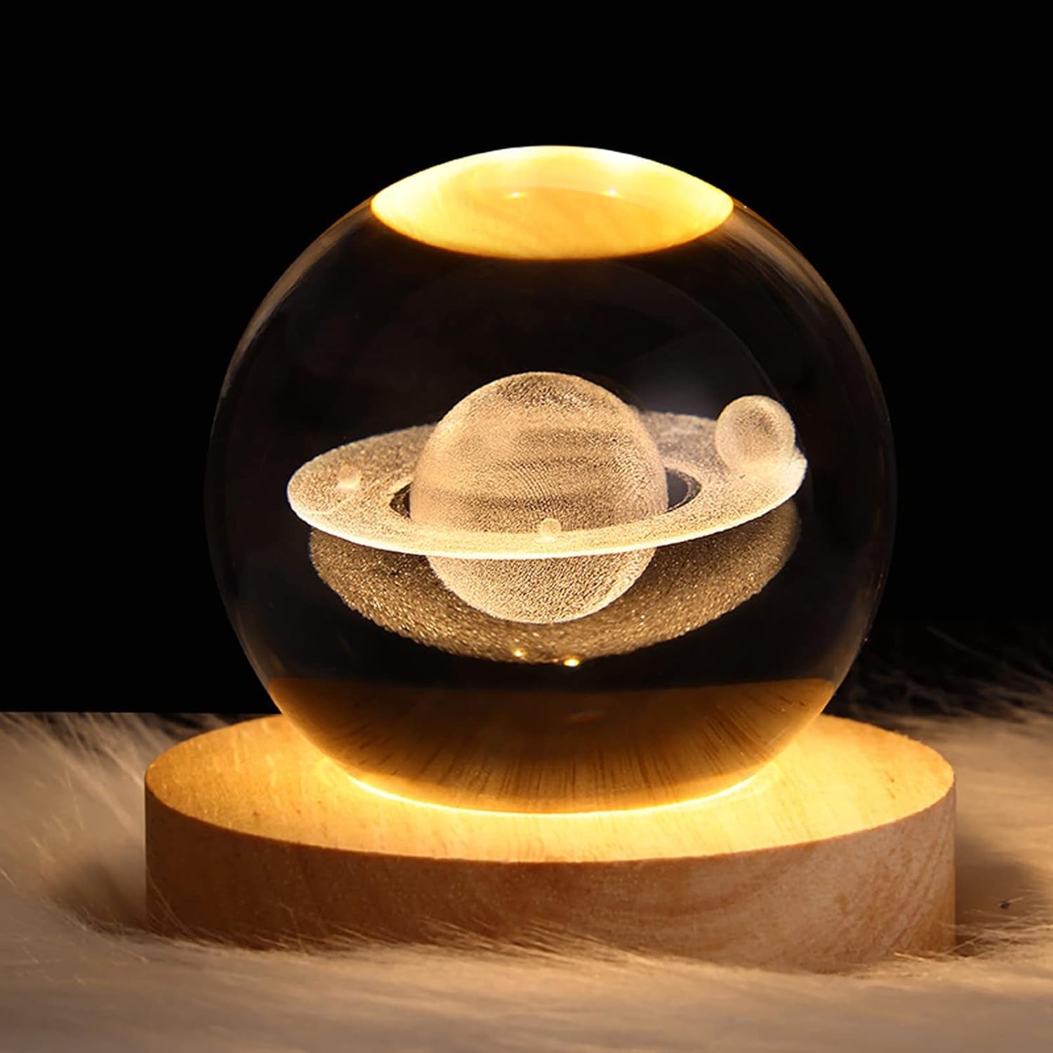 Saturn Crystal Ball, 3.1 Inch(8Cm) LED Solar System Crystal Glass Sphere Lamp with Wooden Base, Decorative Glass Ball Saturn Planet Model Decor Space Universe Gifts for Men, Friends and Girls