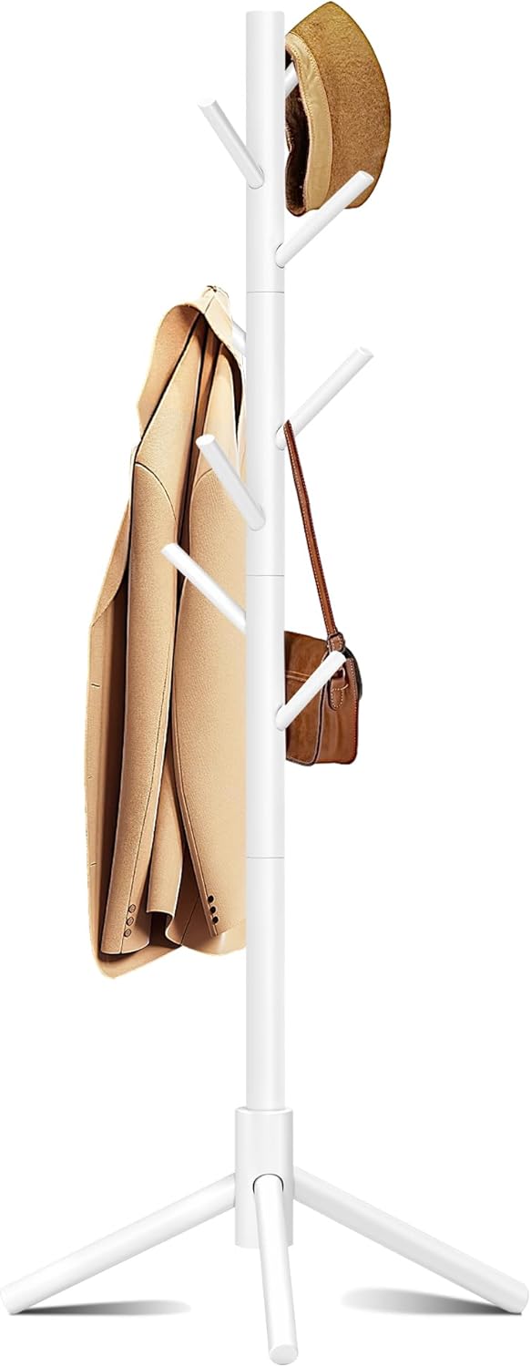 Wooden Coat Rack, Free Standing Coat Rack with 8 Hooks 3 Adjustable Heights