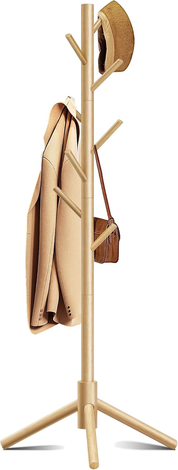 Wooden Coat Rack, Free Standing Coat Rack with 8 Hooks 3 Adjustable Heights