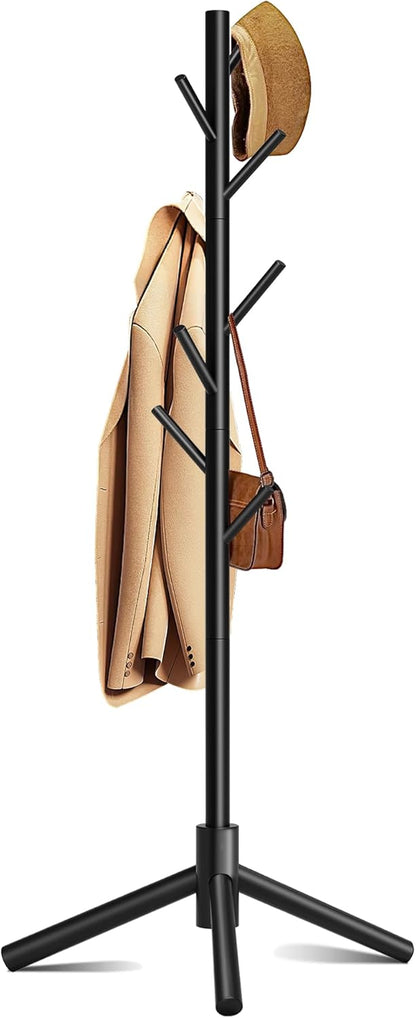 Wooden Coat Rack, Free Standing Coat Rack with 8 Hooks 3 Adjustable Heights