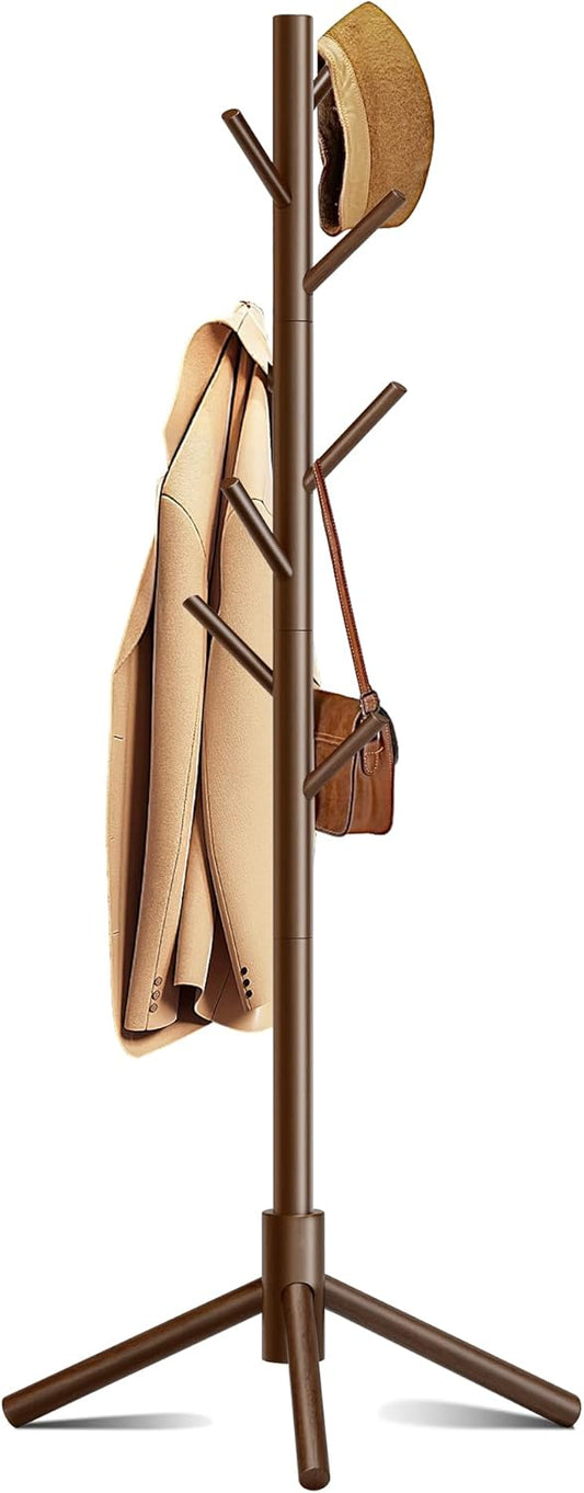Wooden Coat Rack, Free Standing Coat Rack with 8 Hooks 3 Adjustable Heights