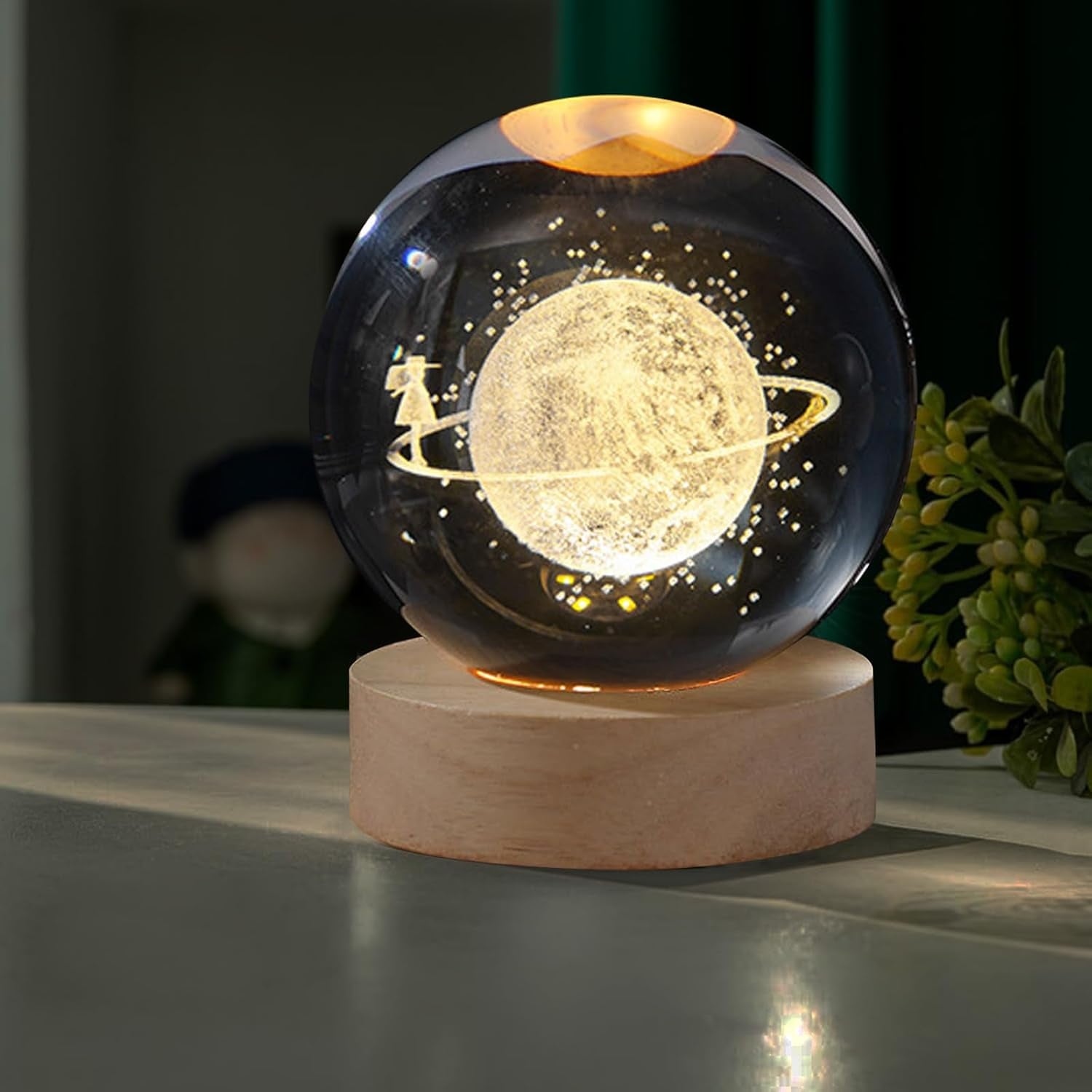 Saturn Crystal Ball, 3.1 Inch(8Cm) LED Solar System Crystal Glass Sphere Lamp with Wooden Base, Decorative Glass Ball Saturn Planet Model Decor Space Universe Gifts for Men, Friends and Girls