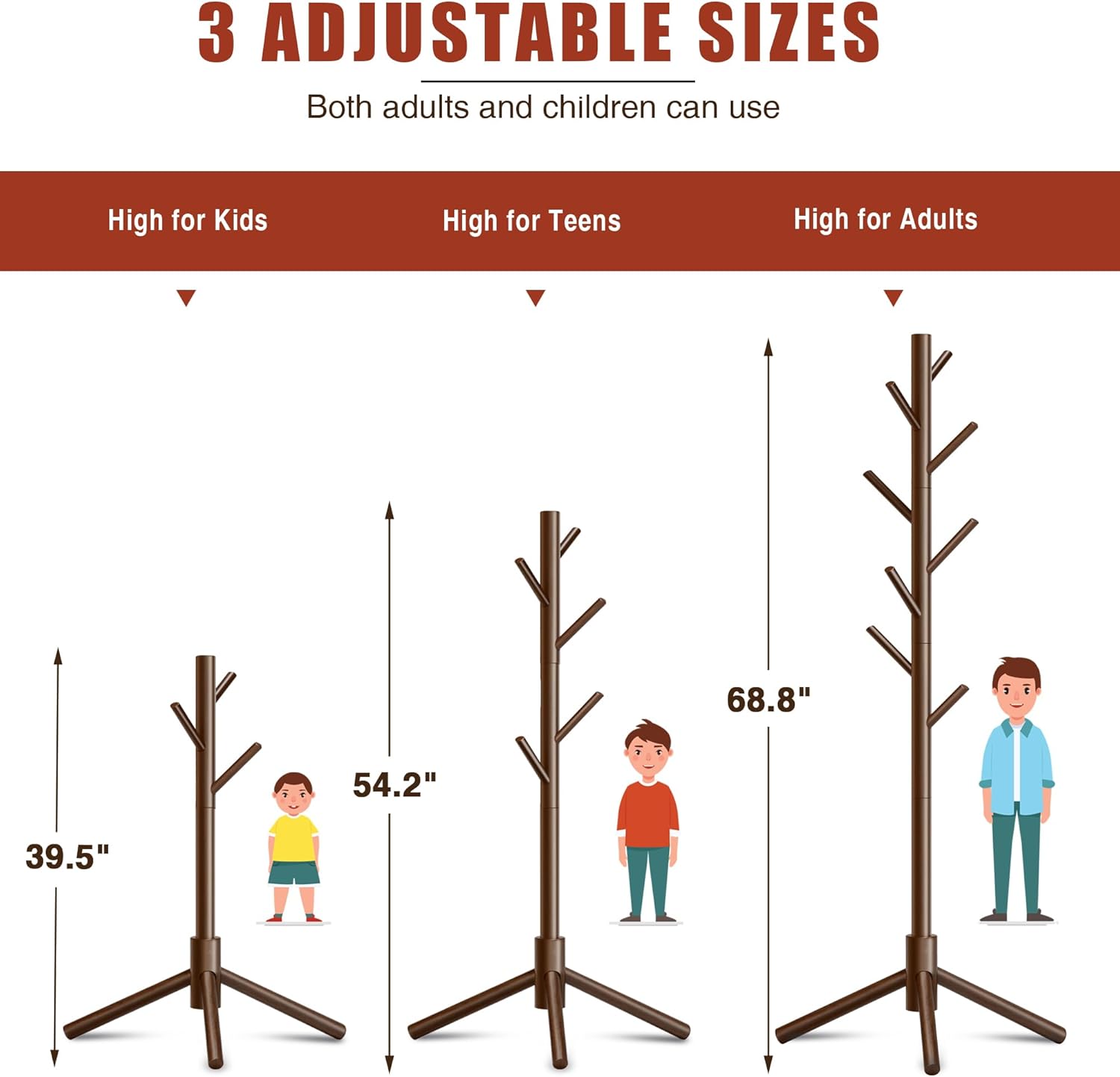 Wooden Coat Rack, Free Standing Coat Rack with 8 Hooks 3 Adjustable Heights