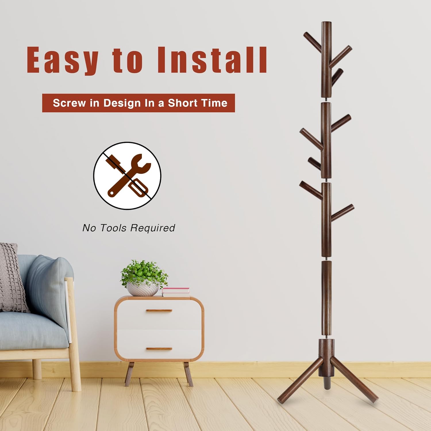 Wooden Coat Rack, Free Standing Coat Rack with 8 Hooks 3 Adjustable Heights