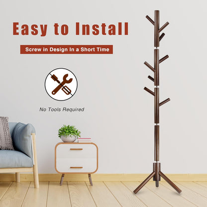 Wooden Coat Rack, Free Standing Coat Rack with 8 Hooks 3 Adjustable Heights