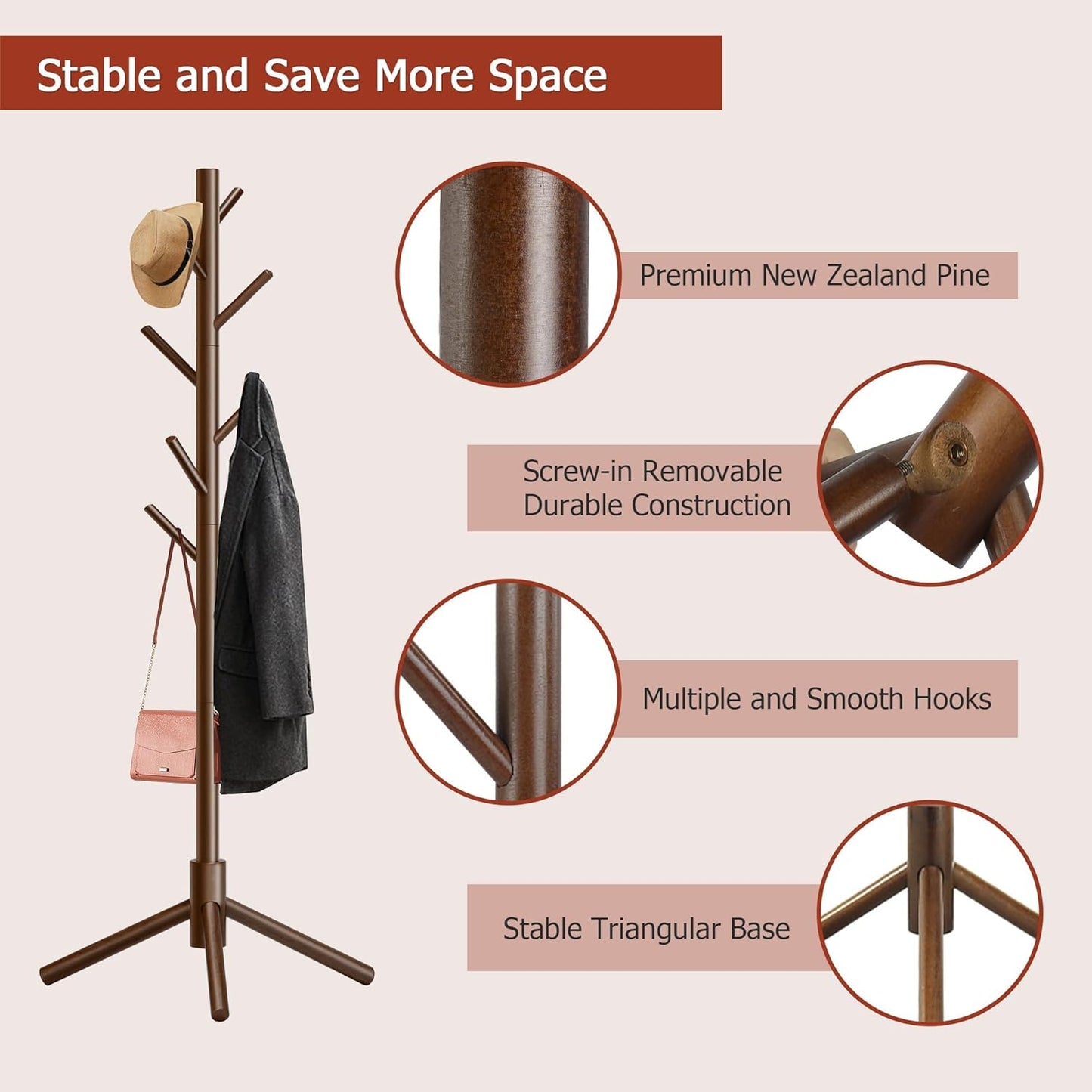 Wooden Coat Rack, Free Standing Coat Rack with 8 Hooks 3 Adjustable Heights