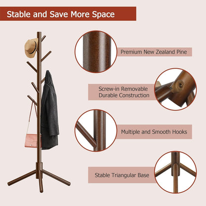 Wooden Coat Rack, Free Standing Coat Rack with 8 Hooks 3 Adjustable Heights