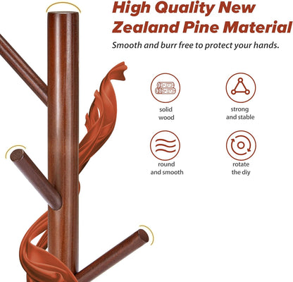 Wooden Coat Rack, Free Standing Coat Rack with 8 Hooks 3 Adjustable Heights