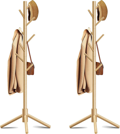 Wooden Coat Rack, Free Standing Coat Rack with 8 Hooks 3 Adjustable Heights