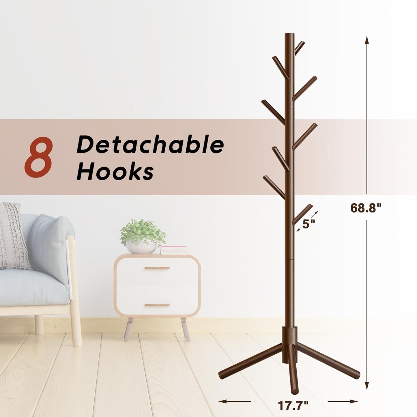 Wooden Coat Rack, Free Standing Coat Rack with 8 Hooks 3 Adjustable Heights