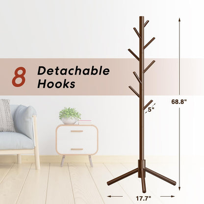 Wooden Coat Rack, Free Standing Coat Rack with 8 Hooks 3 Adjustable Heights