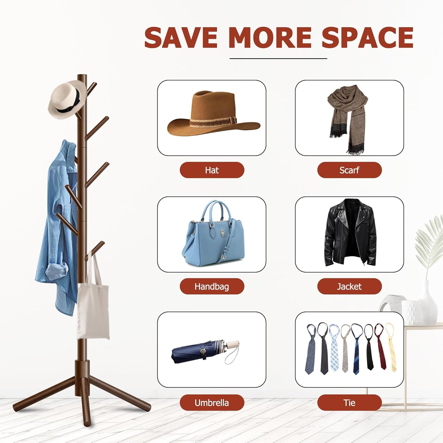 Wooden Coat Rack, Free Standing Coat Rack with 8 Hooks 3 Adjustable Heights