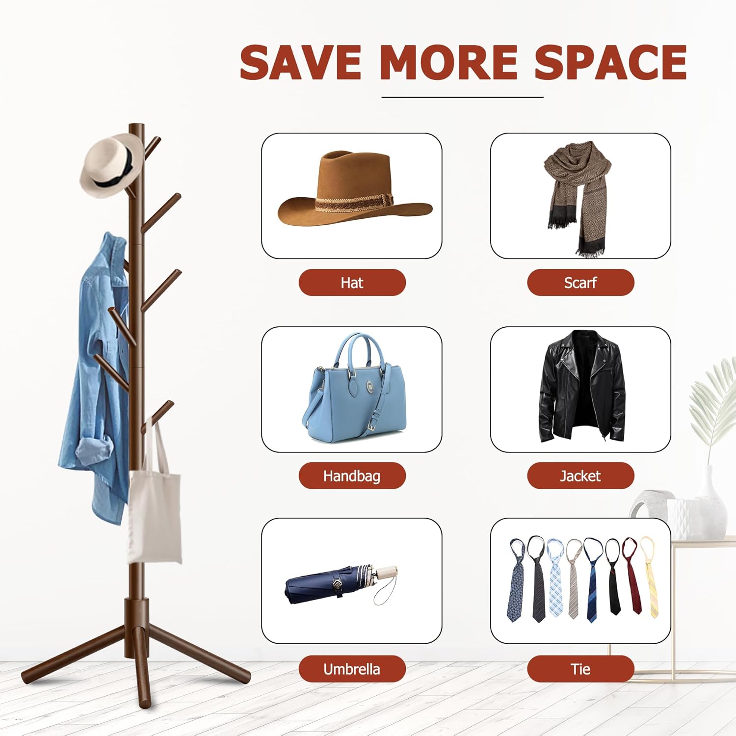 Wooden Coat Rack, Free Standing Coat Rack with 8 Hooks 3 Adjustable Heights