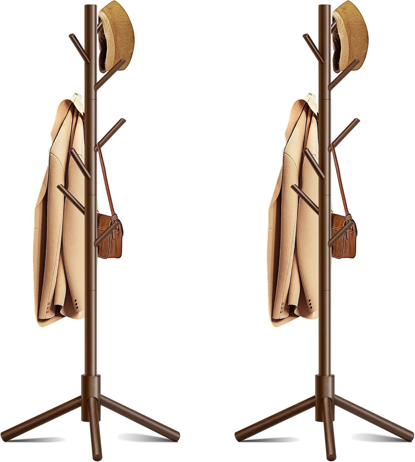 Wooden Coat Rack, Free Standing Coat Rack with 8 Hooks 3 Adjustable Heights