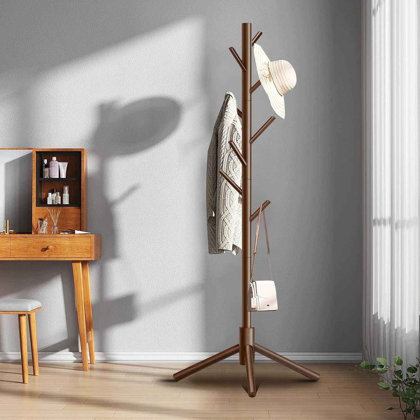Wooden Coat Rack, Free Standing Coat Rack with 8 Hooks 3 Adjustable Heights