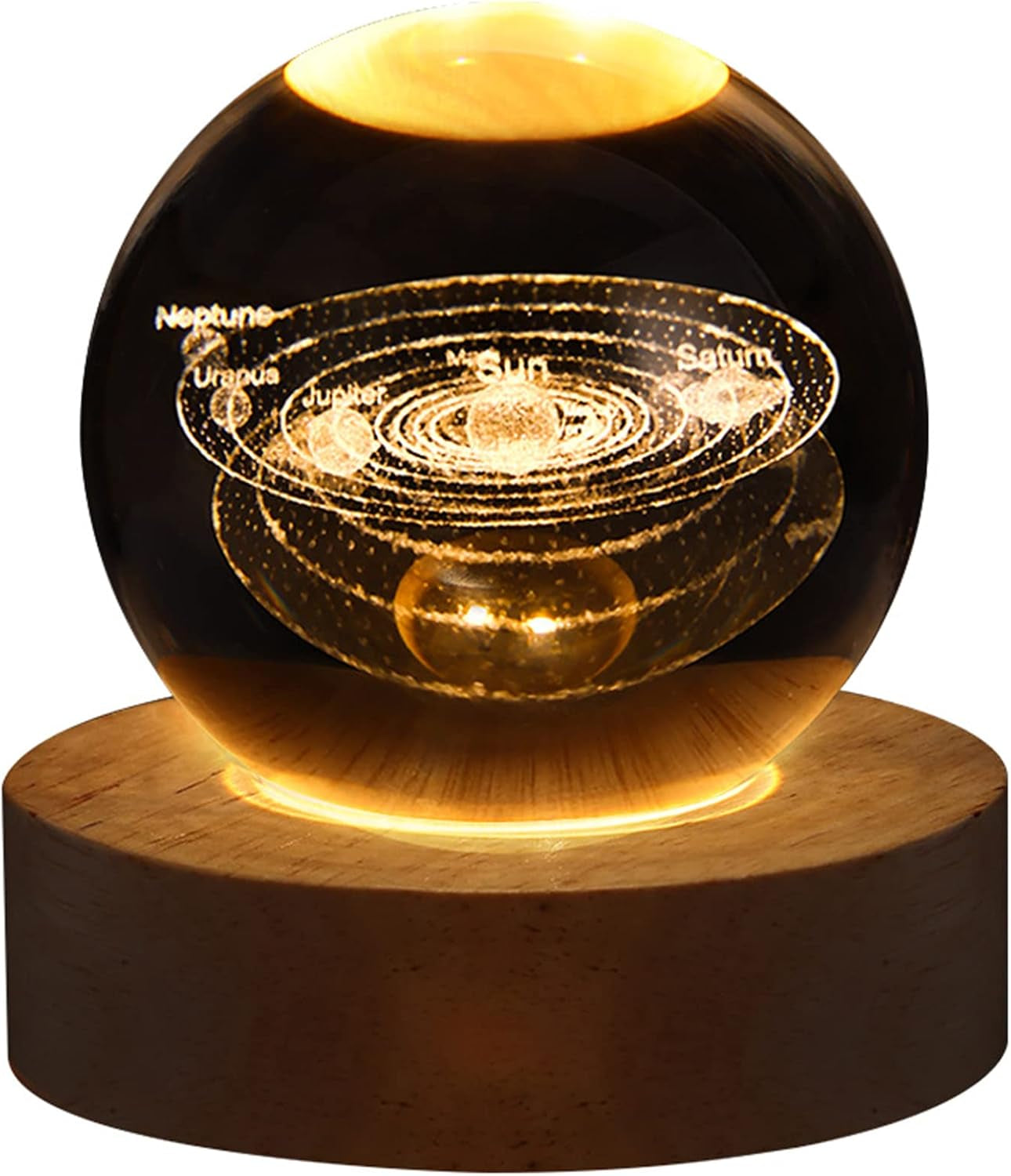 Saturn Crystal Ball, 3.1 Inch(8Cm) LED Solar System Crystal Glass Sphere Lamp with Wooden Base, Decorative Glass Ball Saturn Planet Model Decor Space Universe Gifts for Men, Friends and Girls