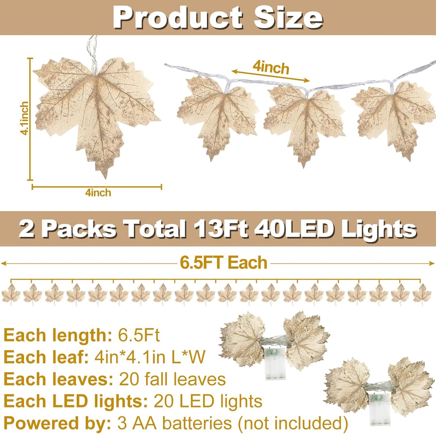 2 Pack Fall Decor Fall Garland with Lights Fall Decorations for Home, Total 13Ft 40LED Battery Operated