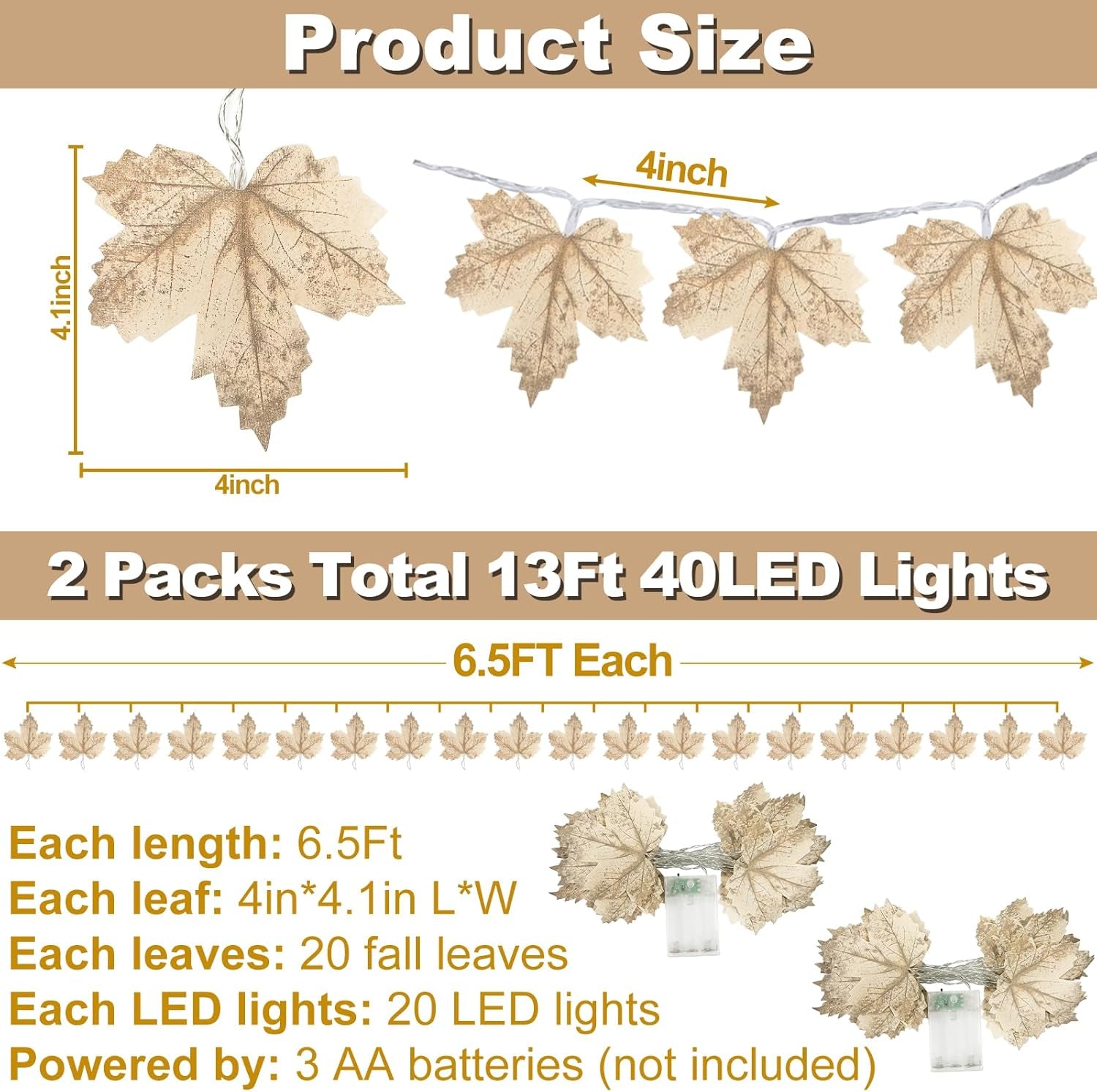 2 Pack Fall Decor Fall Garland with Lights Fall Decorations for Home, Total 13Ft 40LED Battery Operated