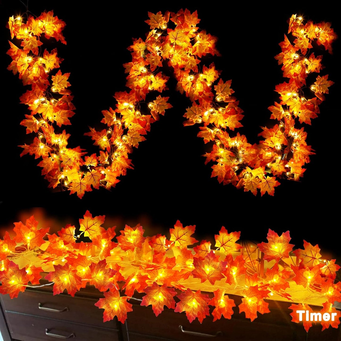 2 Pack Fall Decor Fall Garland with Lights Fall Decorations for Home, Total 13Ft 40LED Battery Operated